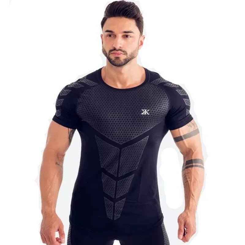 Compression Quick dry T-shirt Men Running Sport Skinny Short Tee Shirt Male Gym Fitness Bodybuilding Workout Black Tops Clothing - Yallafit