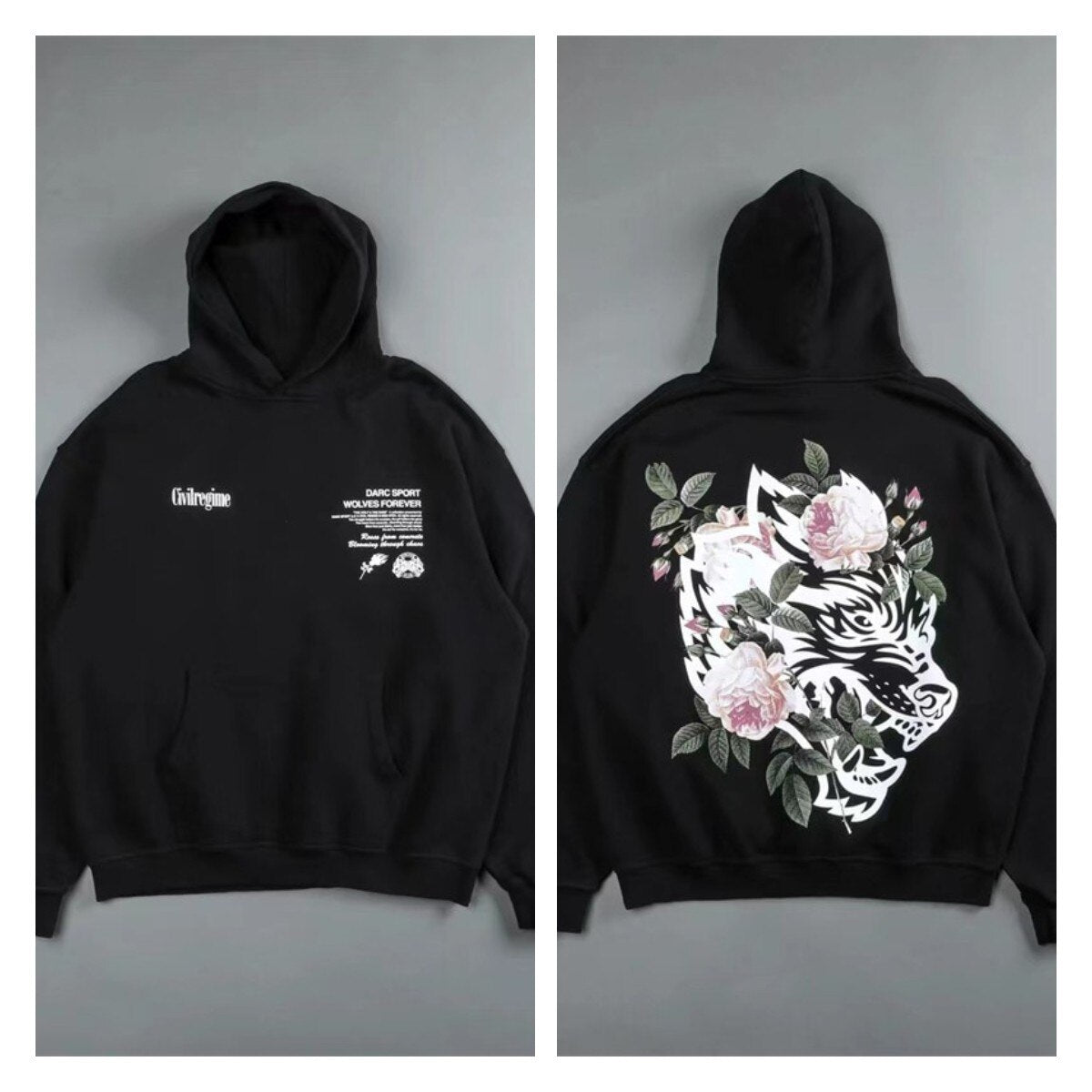 DARC SPORT Rose Wolves Print Men Hip Hop Hooded Hoodies Man Harajuku Streetwear Oversized Hoodie Pullover Cotton Sweatshirts - Yallafit