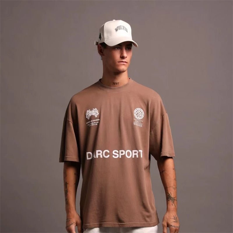 DARC SPORT Short Sleeve Mens T Shirt New Fashion Basic WOLVES Print O-Neck T Shirt Men Casual Cotton Soft Touch Losse Top Tees - Yallafit