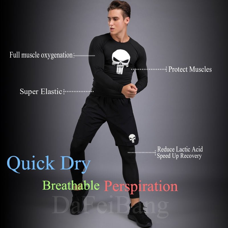 Men Compression Set MMA Long or Short Sleeve T-shirt Men's Tight Pants Fitness Bodybuilding Clothes Skull Rashguard Sports Suits - Yallafit
