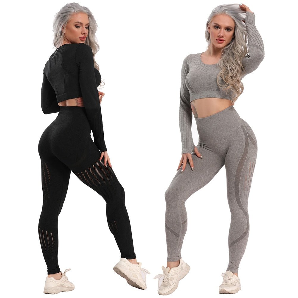 Yoga Set Seamless Sportswear Gym Sports Suits Woman Fitness High Waist Leggings Push Up Leggins Long Sleeve Workout Tops - Yallafit 0