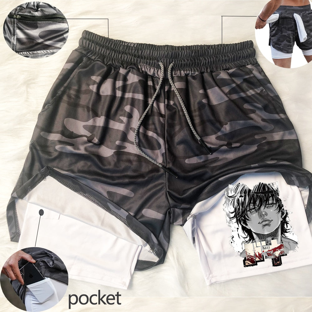 Anime Hanma Baki Gym Shorts Black for Men 2 In1 Mesh Quick Dry Board Shorts Mens Bodybuilding Fitness Running Short Pants Summer - Yallafit
