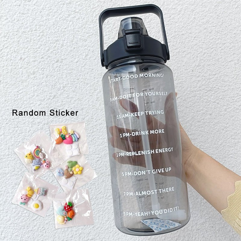 2 Liters Water Bottle Motivational Drinking Bottle Sports Water Bottle With Time Marker Stickers Portable Reusable Plastic Cups - Yallafit