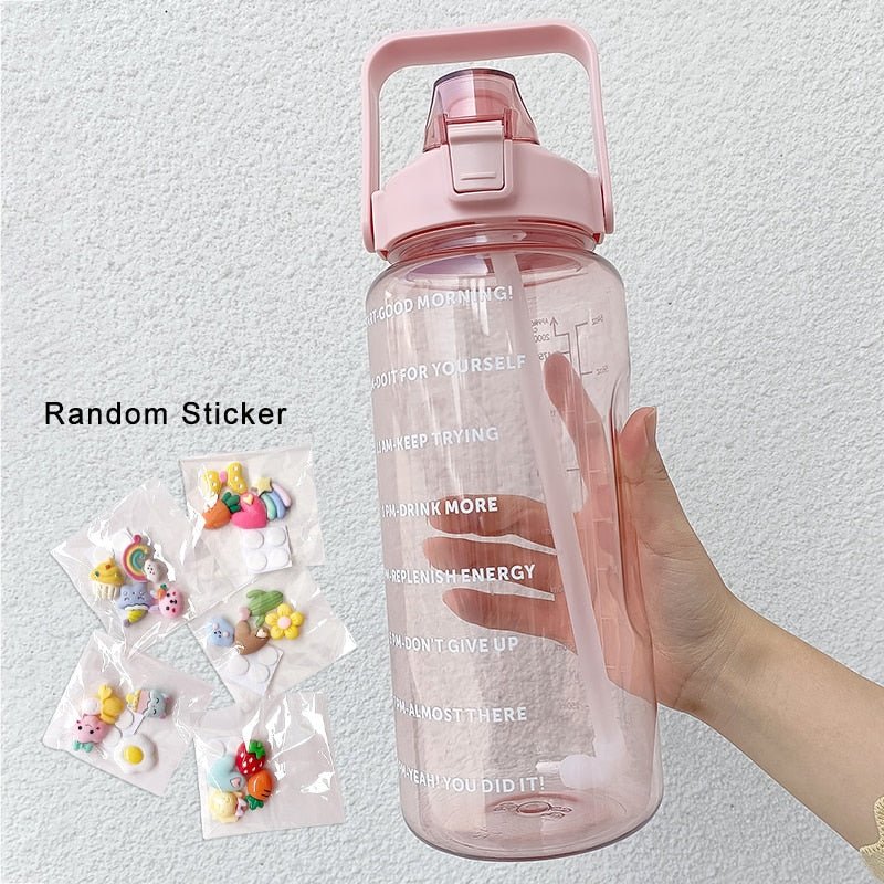 2 Liters Water Bottle Motivational Drinking Bottle Sports Water Bottle With Time Marker Stickers Portable Reusable Plastic Cups - Yallafit