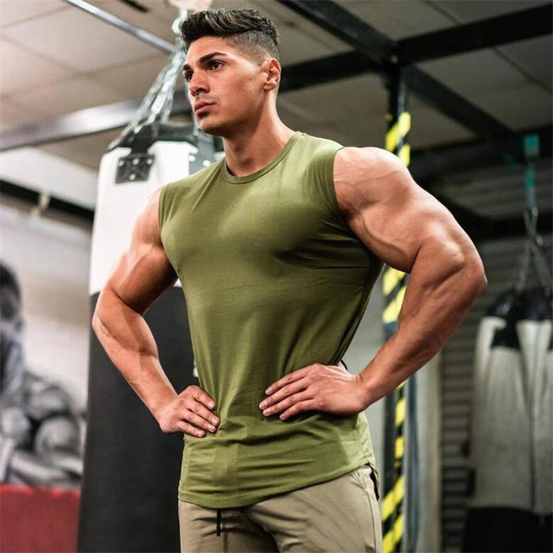 2021 Summer Newest Brand Mens Curved Hem Solid Color Gyms Stringers Vest Bodybuilding Clothing Fitness Man Tanks Tops - Yallafit