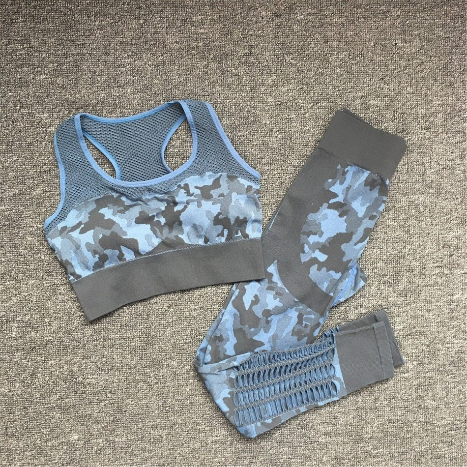 2PCS Camouflage Set Women Yoga Suit Sport Set Gym Workout Clothes Long Sleeve Fitness Crop Top High Waist Seamless Camo Leggings - Yallafit