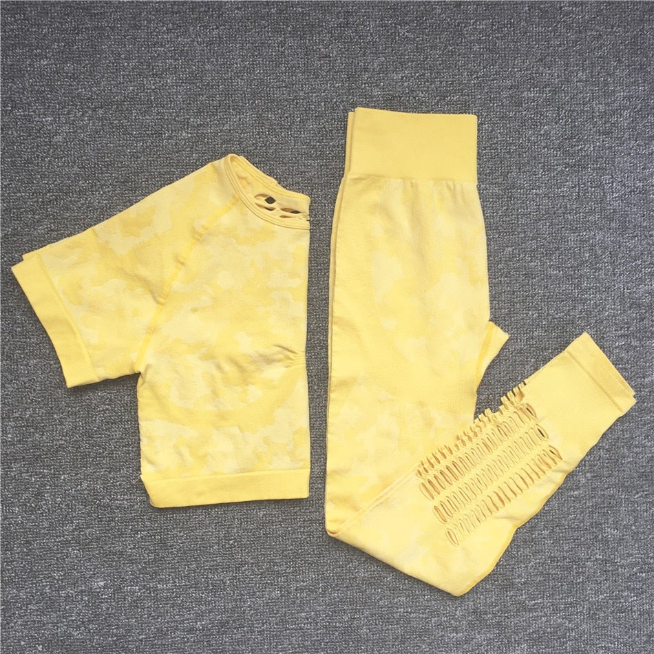 2PCS Camouflage Set Women Yoga Suit Sport Set Gym Workout Clothes Long Sleeve Fitness Crop Top High Waist Seamless Camo Leggings - Yallafit