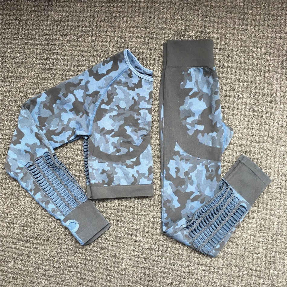 2PCS Camouflage Set Women Yoga Suit Sport Set Gym Workout Clothes Long Sleeve Fitness Crop Top High Waist Seamless Camo Leggings - Yallafit