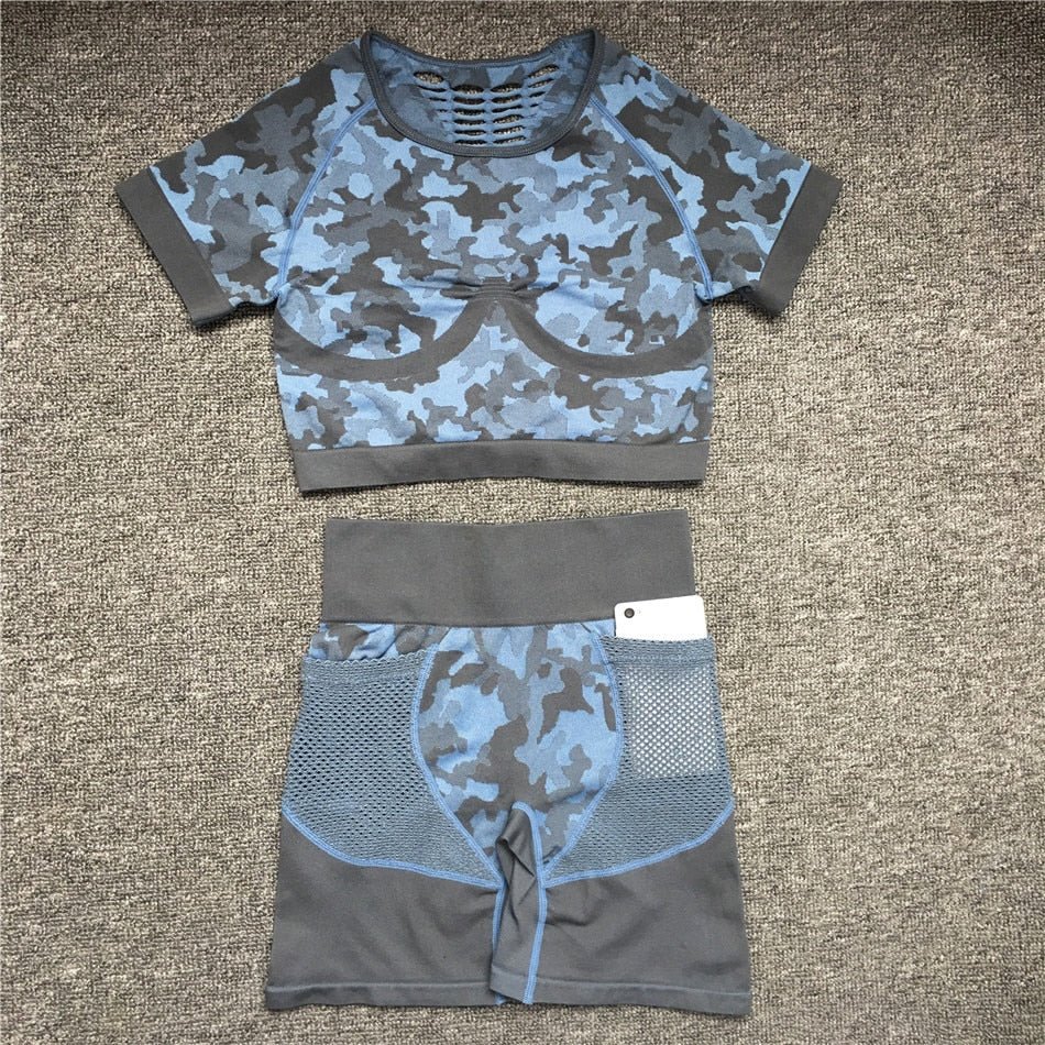 2PCS Camouflage Set Women Yoga Suit Sport Set Gym Workout Clothes Long Sleeve Fitness Crop Top High Waist Seamless Camo Leggings - Yallafit