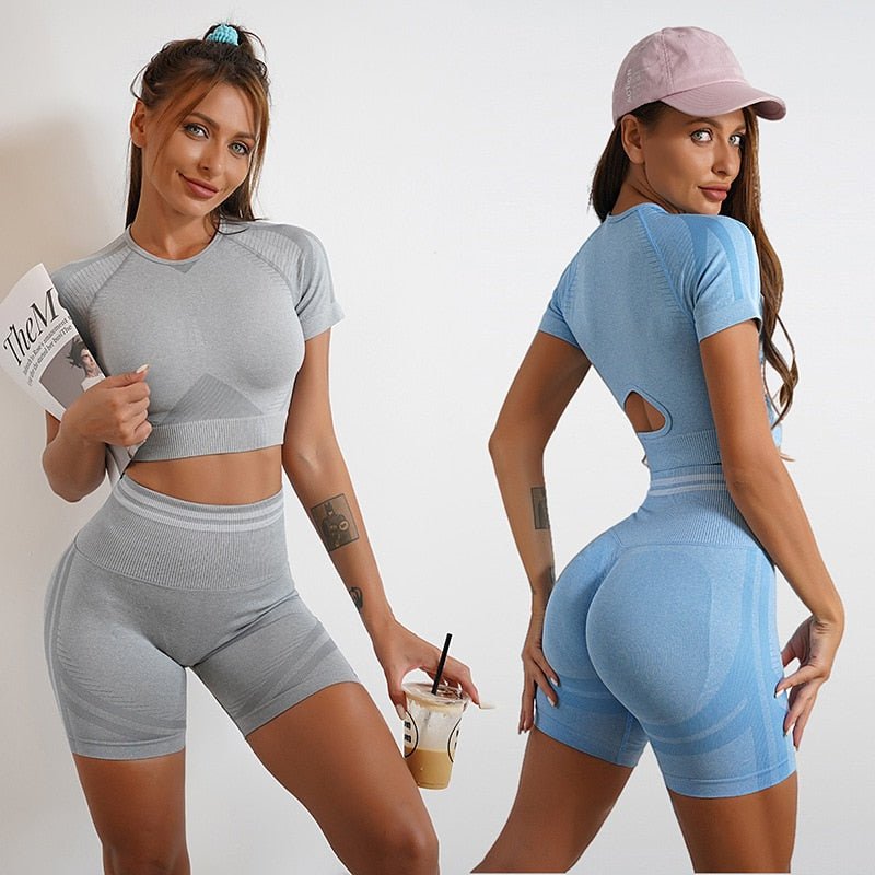 2PCS Yoga Set Sportswear Women Gym Suit For Fitness Seamless Sport Sets Crop Top Shorts Suits Women Workout Clothes Outfit Wear - Yallafit
