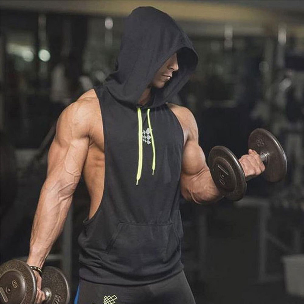 Mens Sleeveless Hooded Tank Tops Gym Hoodie Bodybuilding Workout Stringer Shirt Quick Dry Fitness Man Singlet Summer Casual Vest - Yallafit