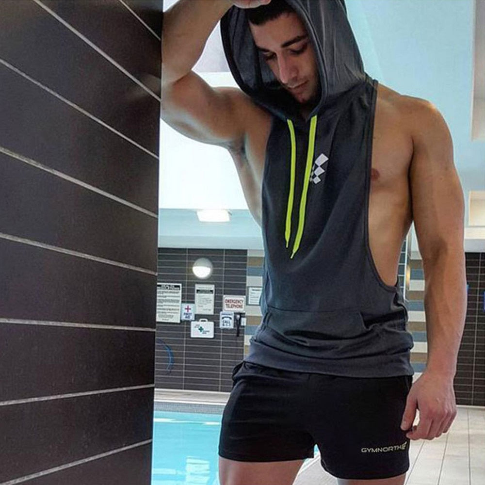 Mens Sleeveless Hooded Tank Tops Gym Hoodie Bodybuilding Workout Stringer Shirt Quick Dry Fitness Man Singlet Summer Casual Vest - Yallafit