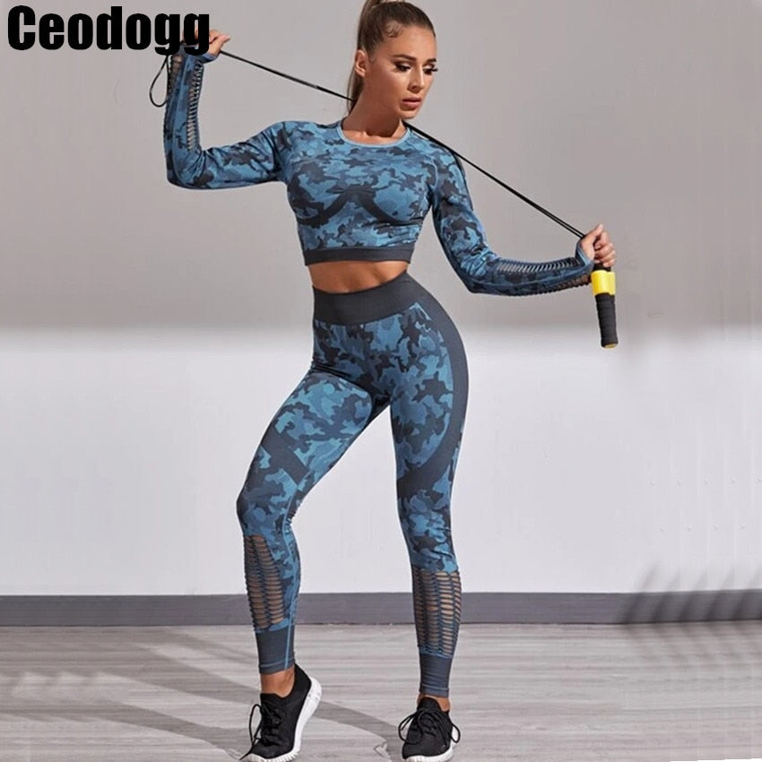2PCS Camouflage Set Women Yoga Suit Sport Set Gym Workout Clothes Long Sleeve Fitness Crop Top High Waist Seamless Camo Leggings - Yallafit