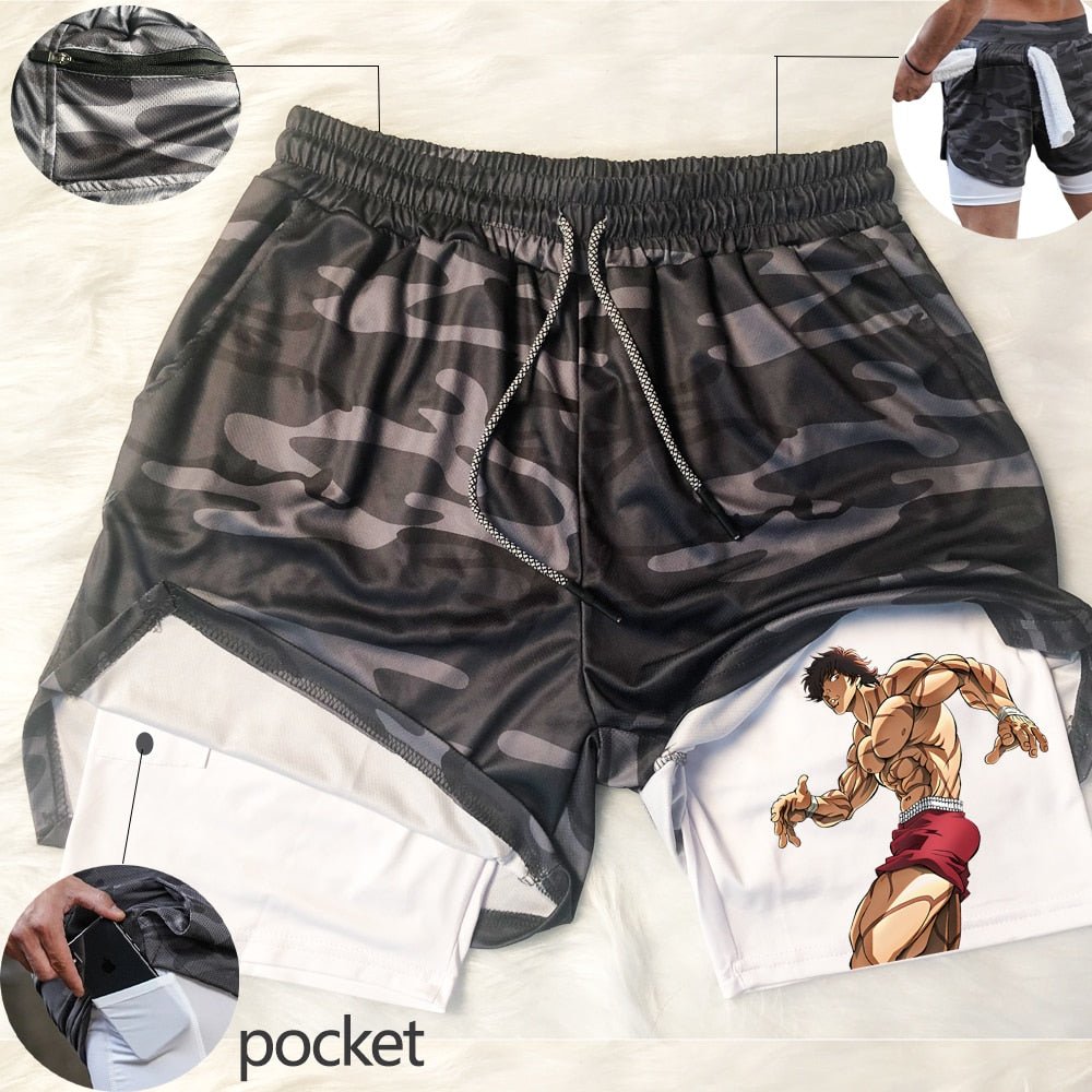 Anime Hanma Baki Gym Shorts Black for Men 2 In1 Mesh Quick Dry Board Shorts Mens Bodybuilding Fitness Running Short Pants Summer - Yallafit