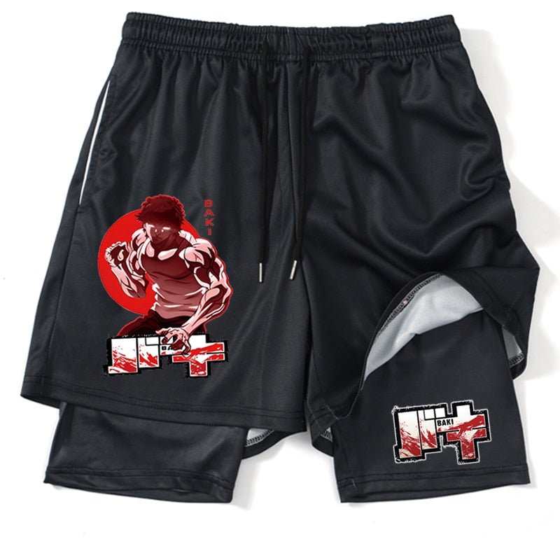 Anime Hanma Baki Gym Shorts Black for Men 2 In1 Mesh Quick Dry Board Shorts Mens Bodybuilding Fitness Running Short Pants Summer - Yallafit