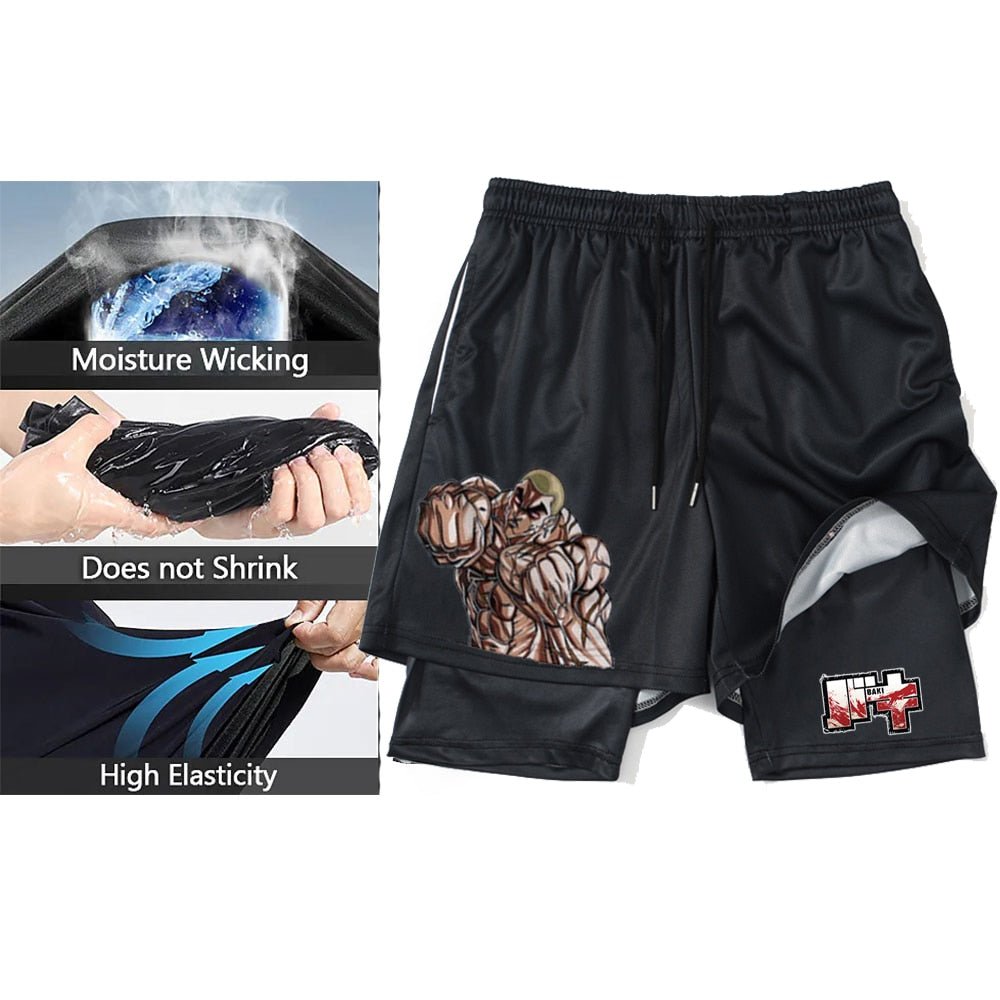 Anime Hanma Baki Gym Shorts Black for Men 2 In1 Mesh Quick Dry Board Shorts Mens Bodybuilding Fitness Running Short Pants Summer - Yallafit
