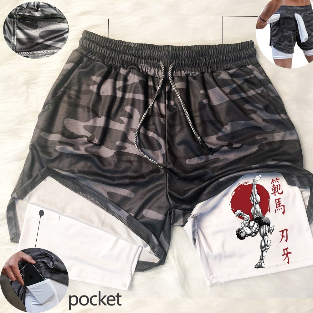 Anime Hanma Baki Gym Shorts Black for Men 2 In1 Mesh Quick Dry Board Shorts Mens Bodybuilding Fitness Running Short Pants Summer - Yallafit