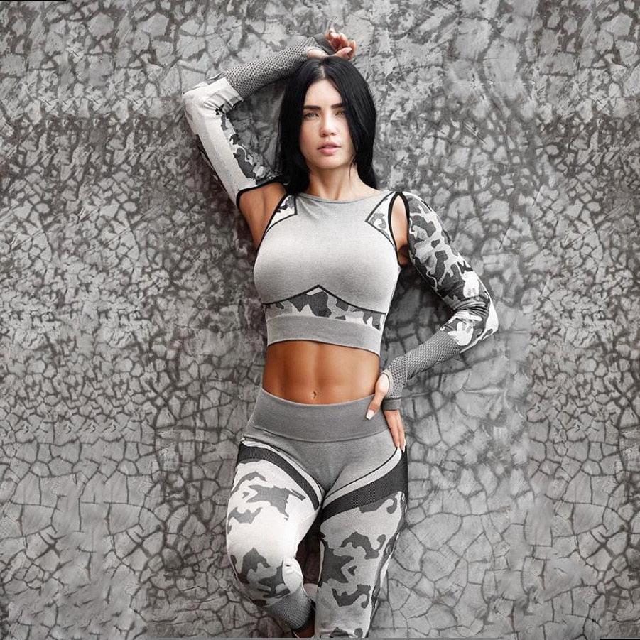 Camo Yoga Set Women Seamless Fitness Camouflage Gym Set High Waist Gym for Women Leggings Breathable Long-sleeved Yoga Suit - Yallafit