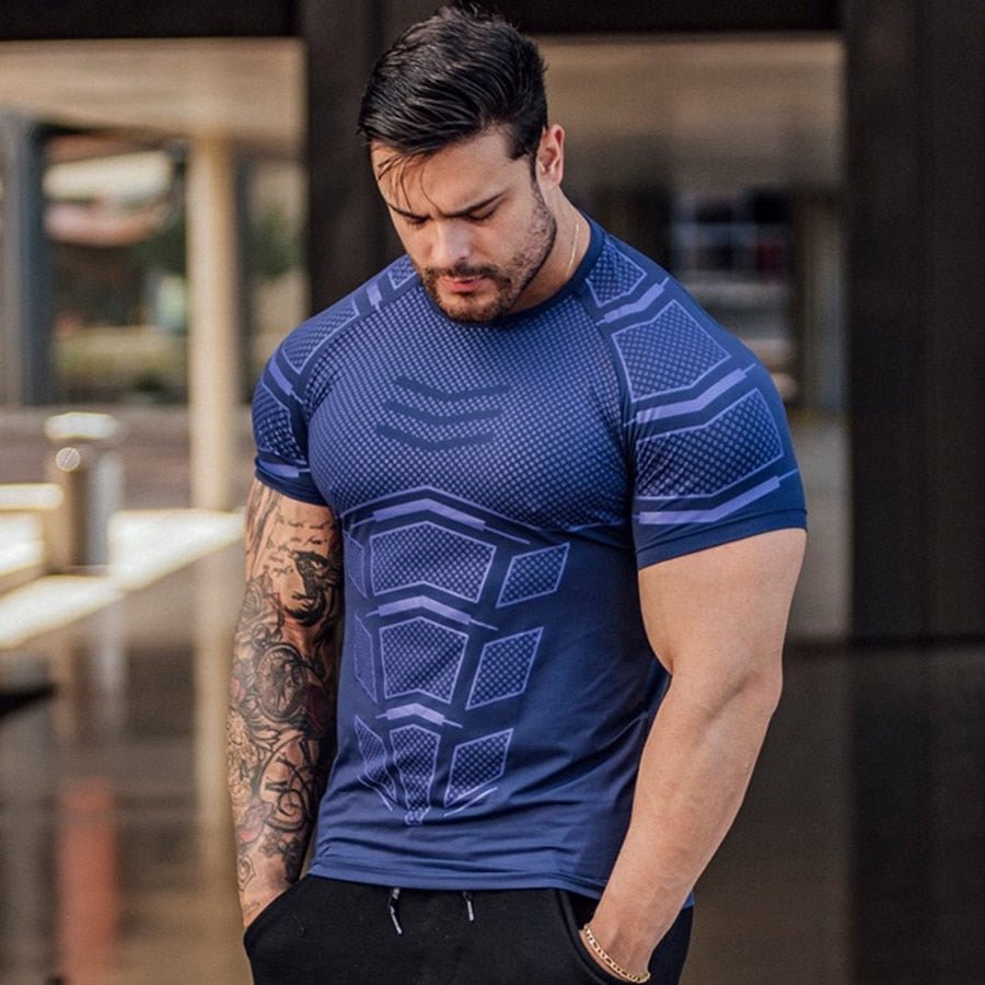 Compression Quick dry T-shirt Men Running Sport Skinny Short Tee Shirt Male Gym Fitness Bodybuilding Workout Black Tops Clothing - Yallafit