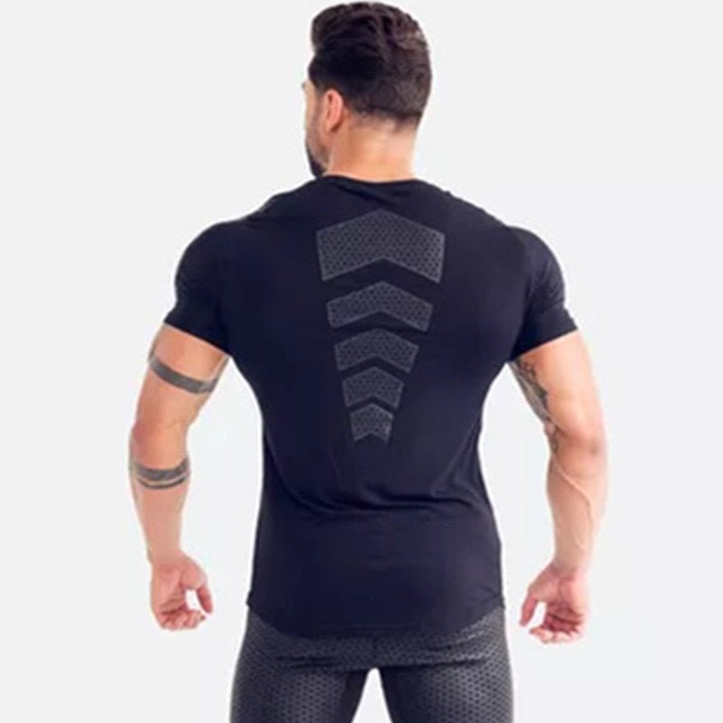 Compression Quick dry T-shirt Men Running Sport Skinny Short Tee Shirt Male Gym Fitness Bodybuilding Workout Black Tops Clothing - Yallafit