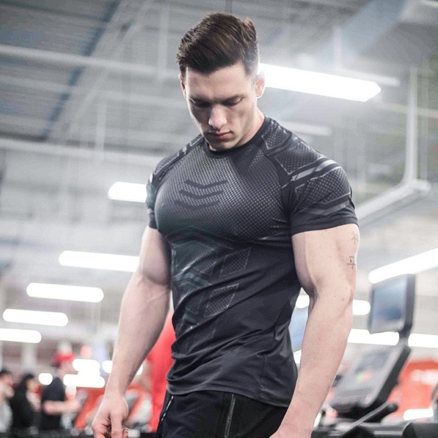 Compression Quick dry T-shirt Men Running Sport Skinny Short Tee Shirt Male Gym Fitness Bodybuilding Workout Black Tops Clothing - Yallafit