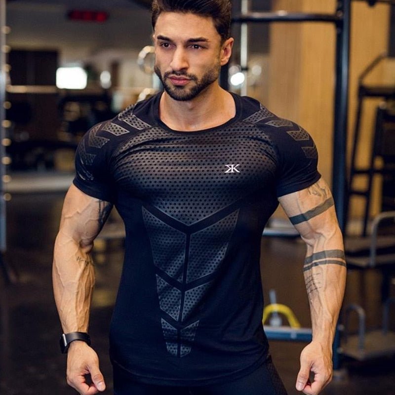 Compression Quick dry T-shirt Men Running Sport Skinny Short Tee Shirt Male Gym Fitness Bodybuilding Workout Black Tops Clothing - Yallafit