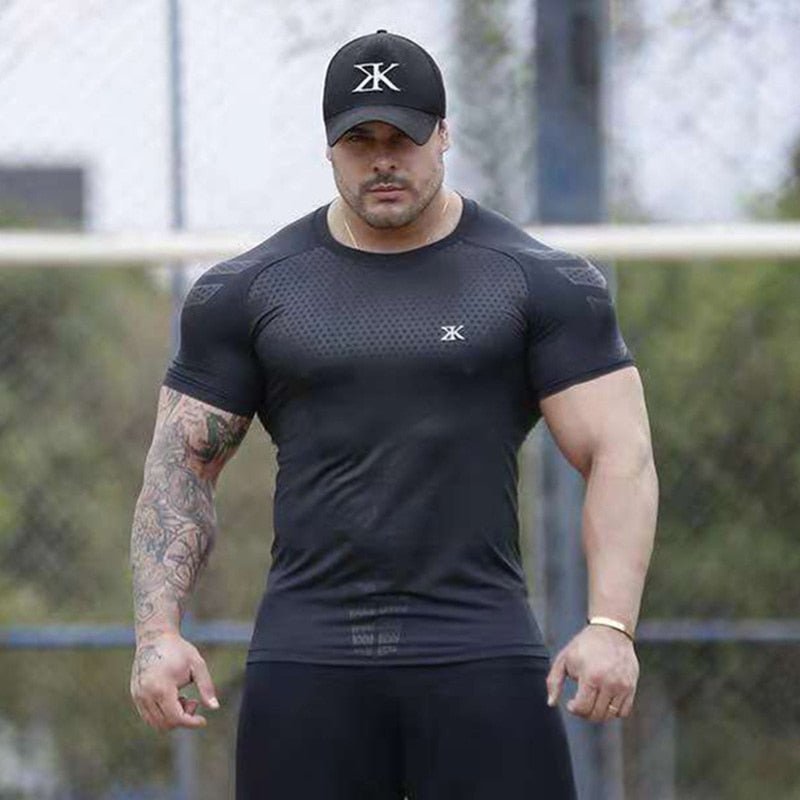 Compression Quick dry T-shirt Men Running Sport Skinny Short Tee Shirt Male Gym Fitness Bodybuilding Workout Black Tops Clothing - Yallafit
