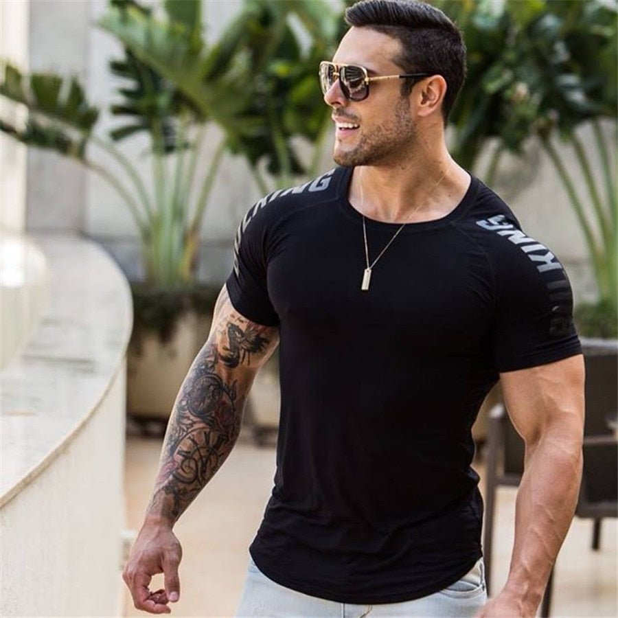Compression Quick dry T-shirt Men Running Sport Skinny Short Tee Shirt Male Gym Fitness Bodybuilding Workout Black Tops Clothing - Yallafit