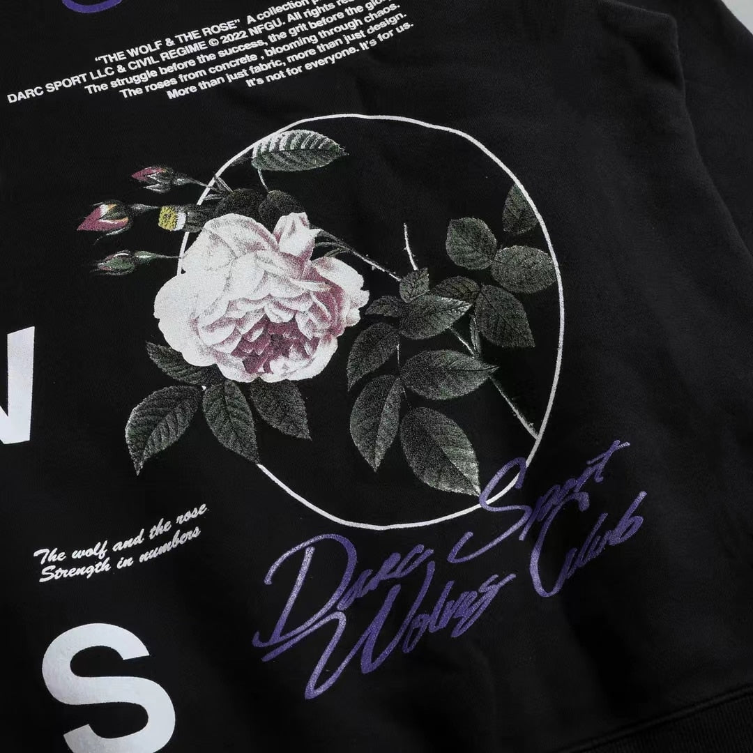DARC SPORT Rose Wolves Print Men Hip Hop Hooded Hoodies Man Harajuku Streetwear Oversized Hoodie Pullover Cotton Sweatshirts - Yallafit