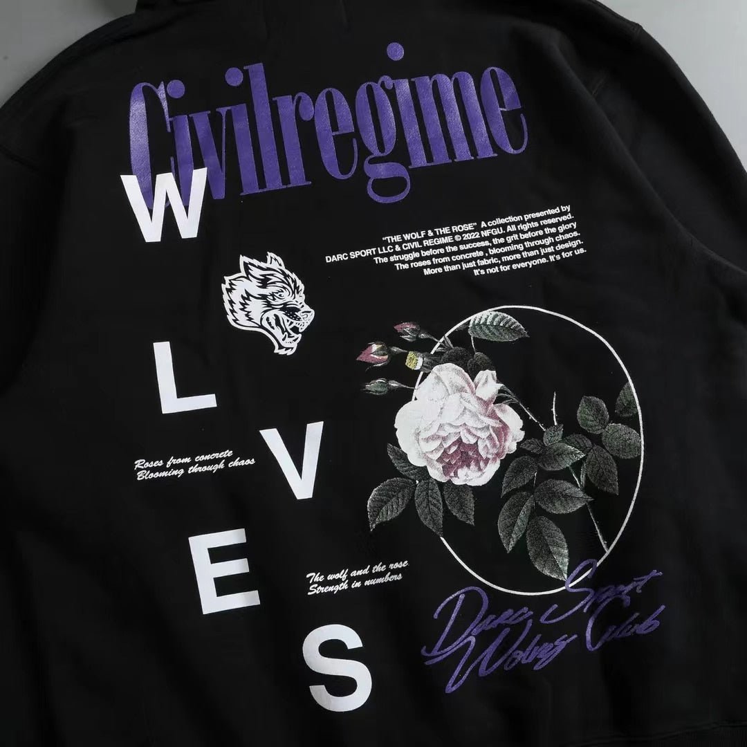DARC SPORT Rose Wolves Print Men Hip Hop Hooded Hoodies Man Harajuku Streetwear Oversized Hoodie Pullover Cotton Sweatshirts - Yallafit