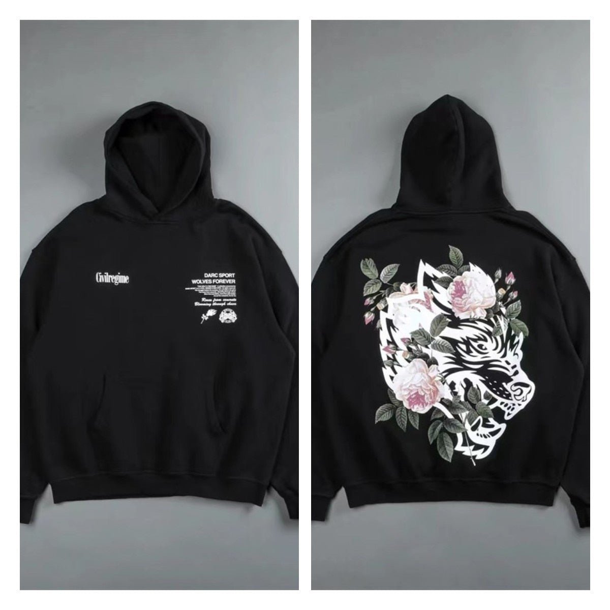 DARC SPORT Rose Wolves Print Men Hip Hop Hooded Hoodies Man Harajuku Streetwear Oversized Hoodie Pullover Cotton Sweatshirts - Yallafit