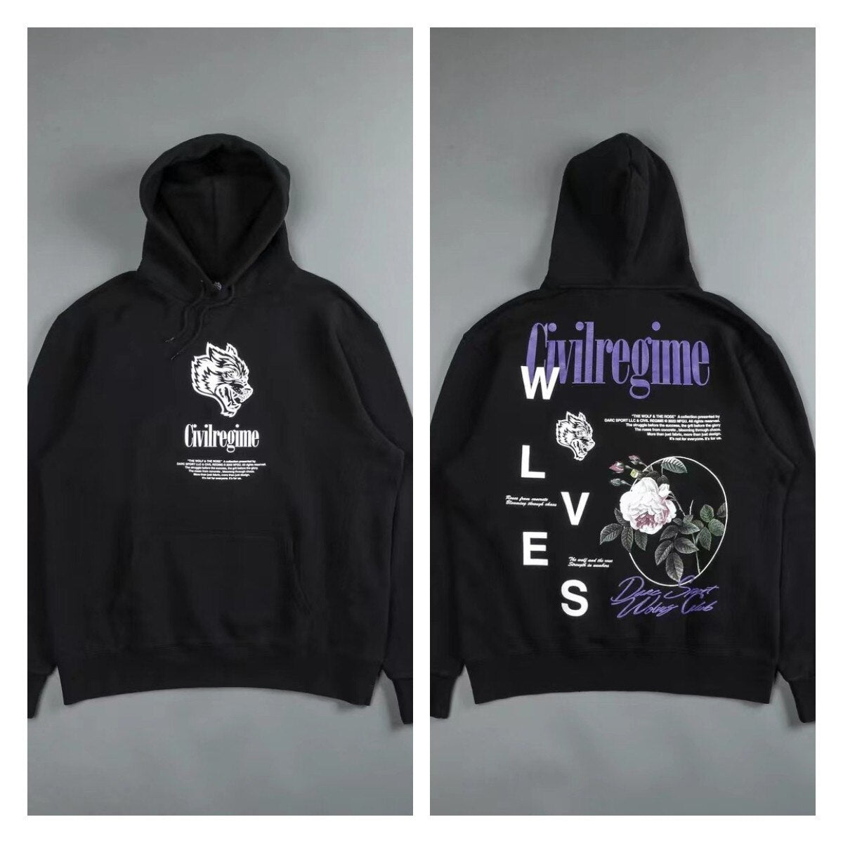 DARC SPORT Rose Wolves Print Men Hip Hop Hooded Hoodies Man Harajuku Streetwear Oversized Hoodie Pullover Cotton Sweatshirts - Yallafit