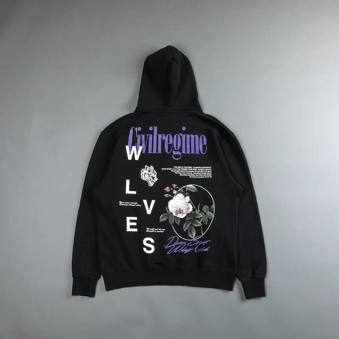 DARC SPORT Rose Wolves Print Men Hip Hop Hooded Hoodies Man Harajuku Streetwear Oversized Hoodie Pullover Cotton Sweatshirts - Yallafit