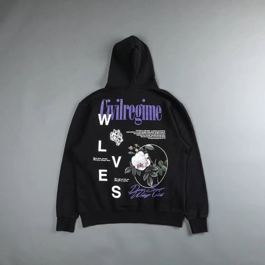 DARC SPORT Rose Wolves Print Men Hip Hop Hooded Hoodies Man Harajuku Streetwear Oversized Hoodie Pullover Cotton Sweatshirts - Yallafit