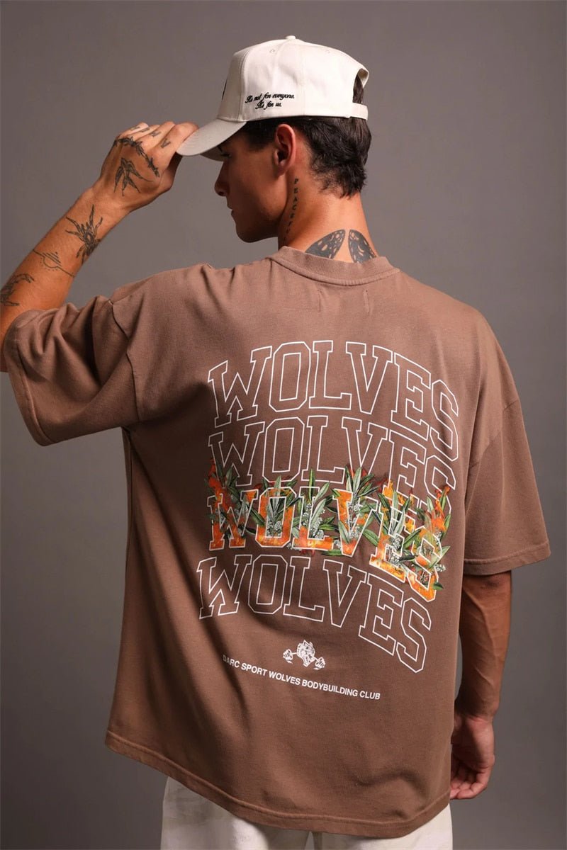 DARC SPORT Short Sleeve Mens T Shirt New Fashion Basic WOLVES Print O-Neck T Shirt Men Casual Cotton Soft Touch Losse Top Tees - Yallafit