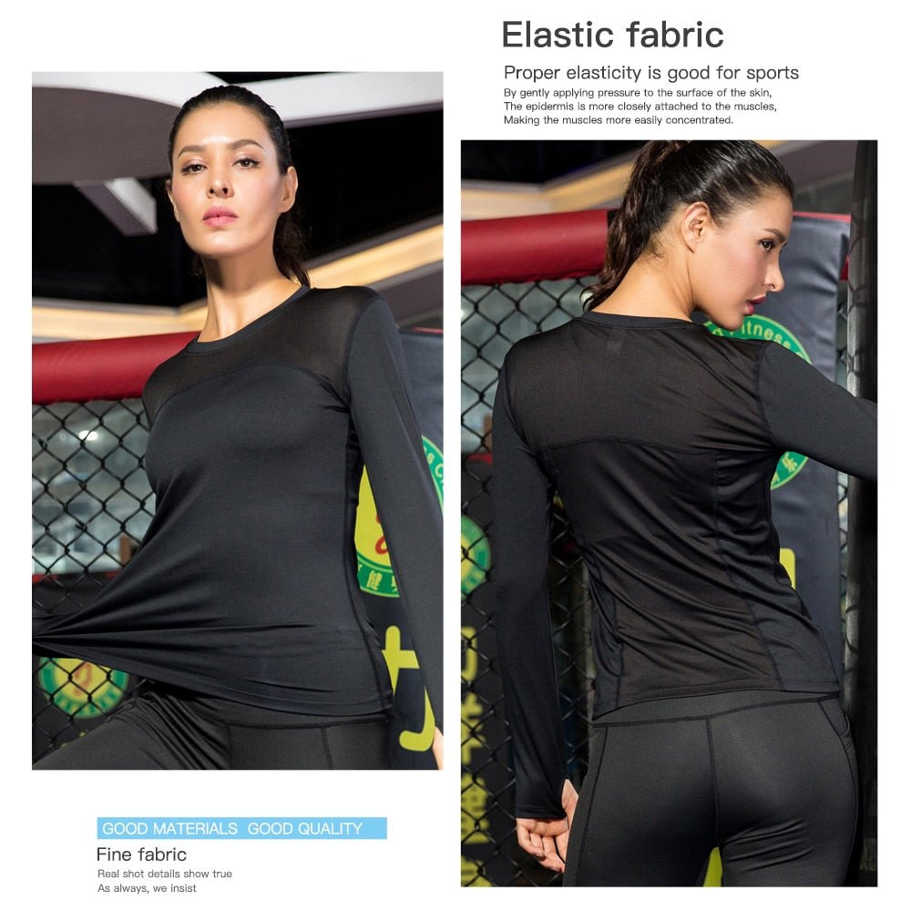 Elastic Gym Yoga Shirt Long Sleeve Women Slim Mesh Running Sport Jacket Quick Dry Black Fitness Sweatshirts - Yallafit