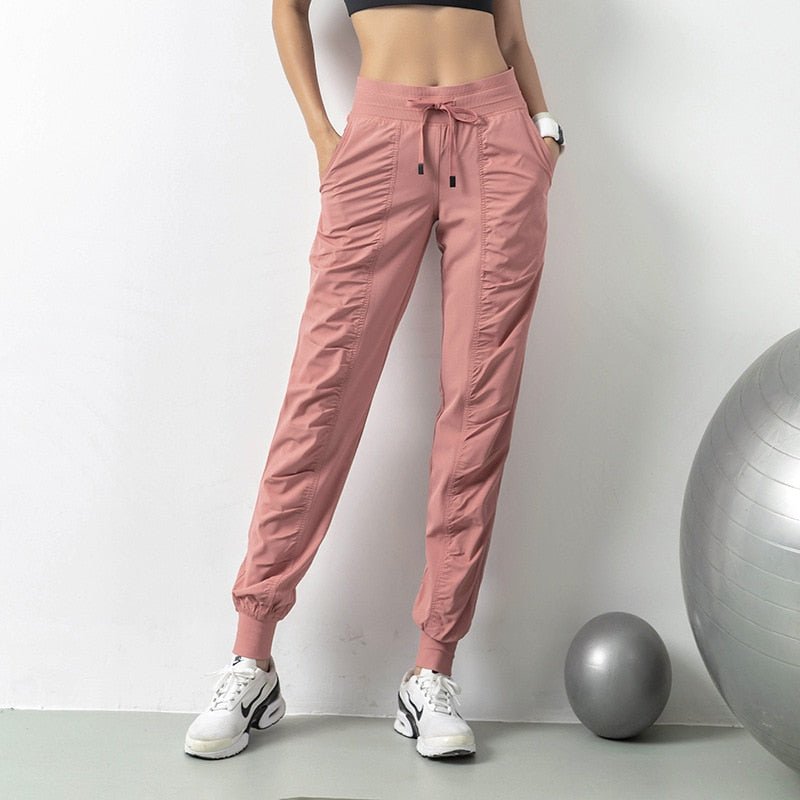Fabric Drawstring Running Sport Joggers Women Quick Dry Athletic Gym Fitness Sweatpants with Two Side Pockets - Yallafit