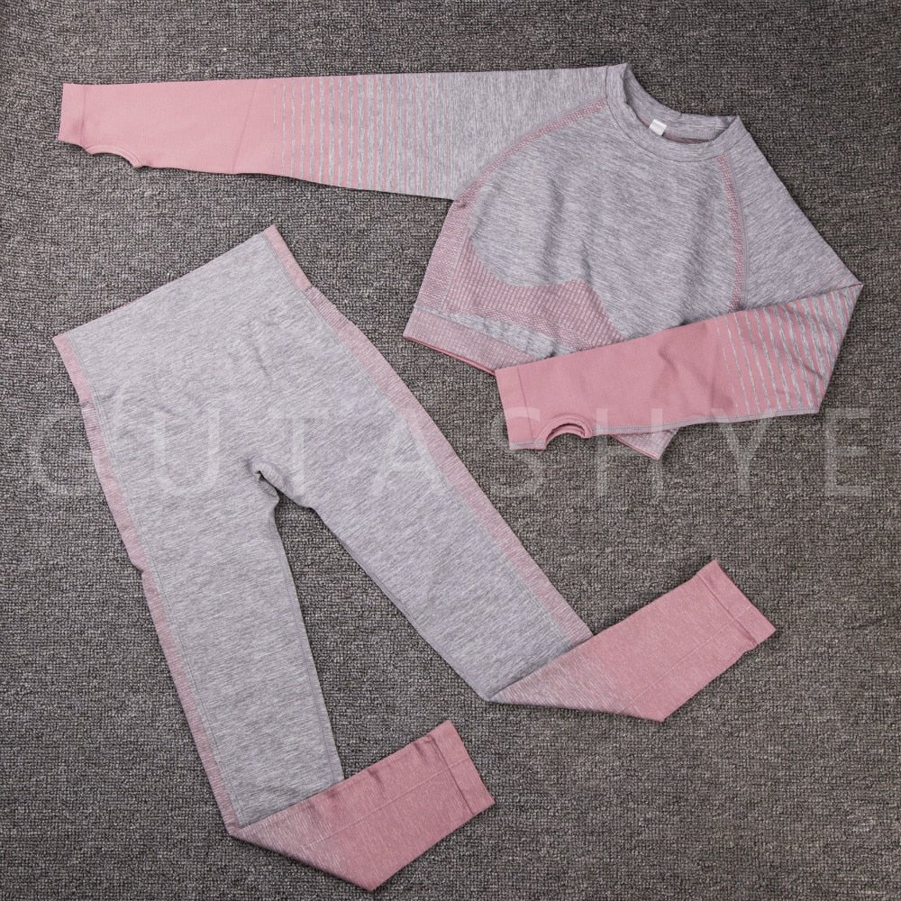 GUTASHYE Seamless Women Yoga Set Workout Sportswear Gym Clothing Fitness Long Sleeve Crop Top High Waist Leggings Sports Suits - Yallafit