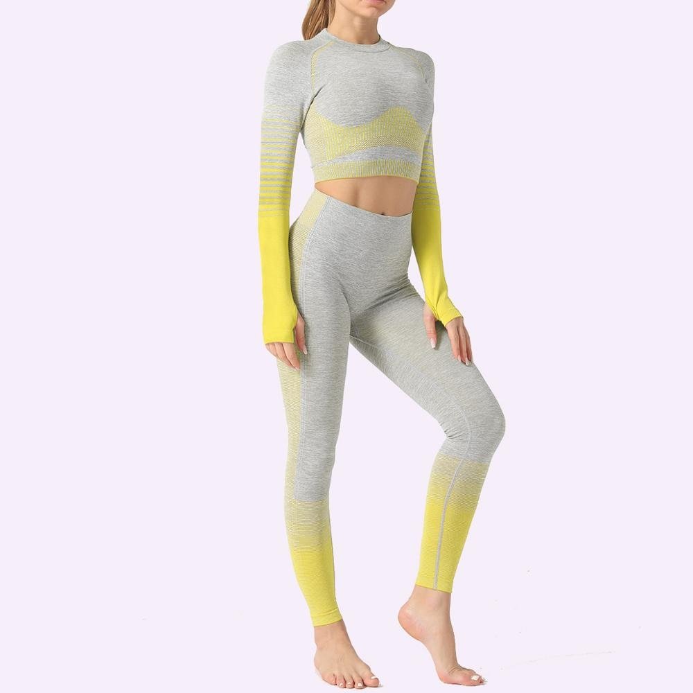 GUTASHYE Seamless Women Yoga Set Workout Sportswear Gym Clothing Fitness Long Sleeve Crop Top High Waist Leggings Sports Suits - Yallafit