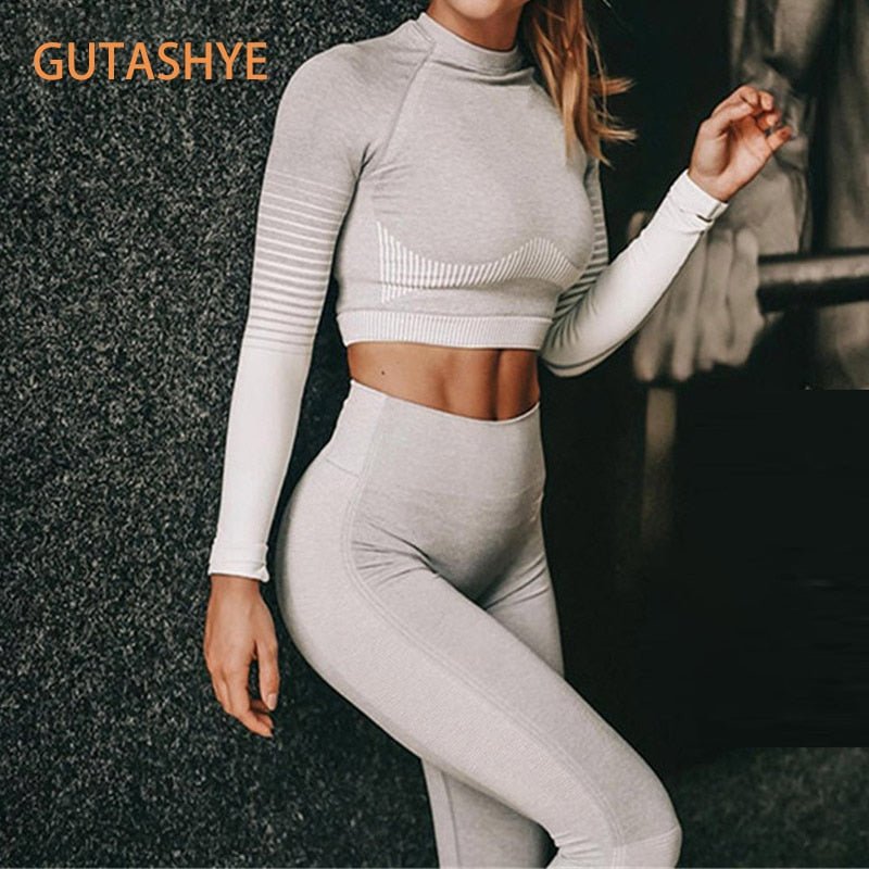 GUTASHYE Seamless Women Yoga Set Workout Sportswear Gym Clothing Fitness Long Sleeve Crop Top High Waist Leggings Sports Suits - Yallafit