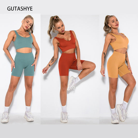 GUTASHYE Yoga Set Women Crop Top Shorts Seamless Leggings Gym Clothing Running Fitness Sport Athletic Workout Clothes for Women - Yallafit 0
