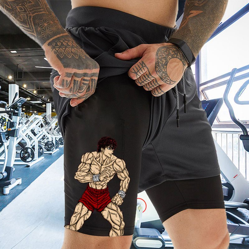 Hanma Baki Anime Gym Shorts Black for Men 2 In1 Mesh Quick Dry Board Shorts Mens Bodybuilding Fitness Running Short Pants Summer - Yallafit