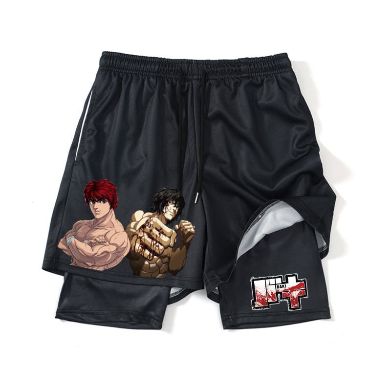 Hanma Baki Anime Gym Shorts Black for Men 2 In1 Mesh Quick Dry Board Shorts Mens Bodybuilding Fitness Running Short Pants Summer - Yallafit