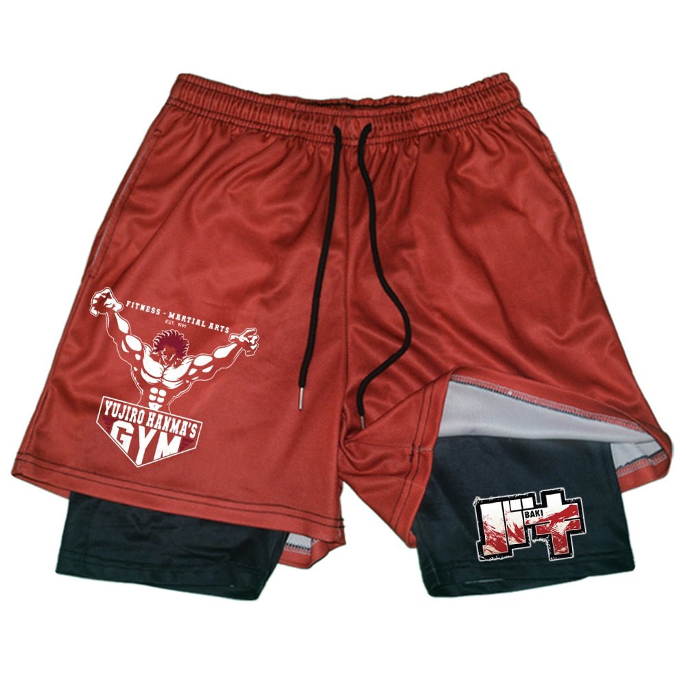 Hanma Baki Anime Gym Shorts Black for Men 2 In1 Mesh Quick Dry Board Shorts Mens Bodybuilding Fitness Running Short Pants Summer - Yallafit