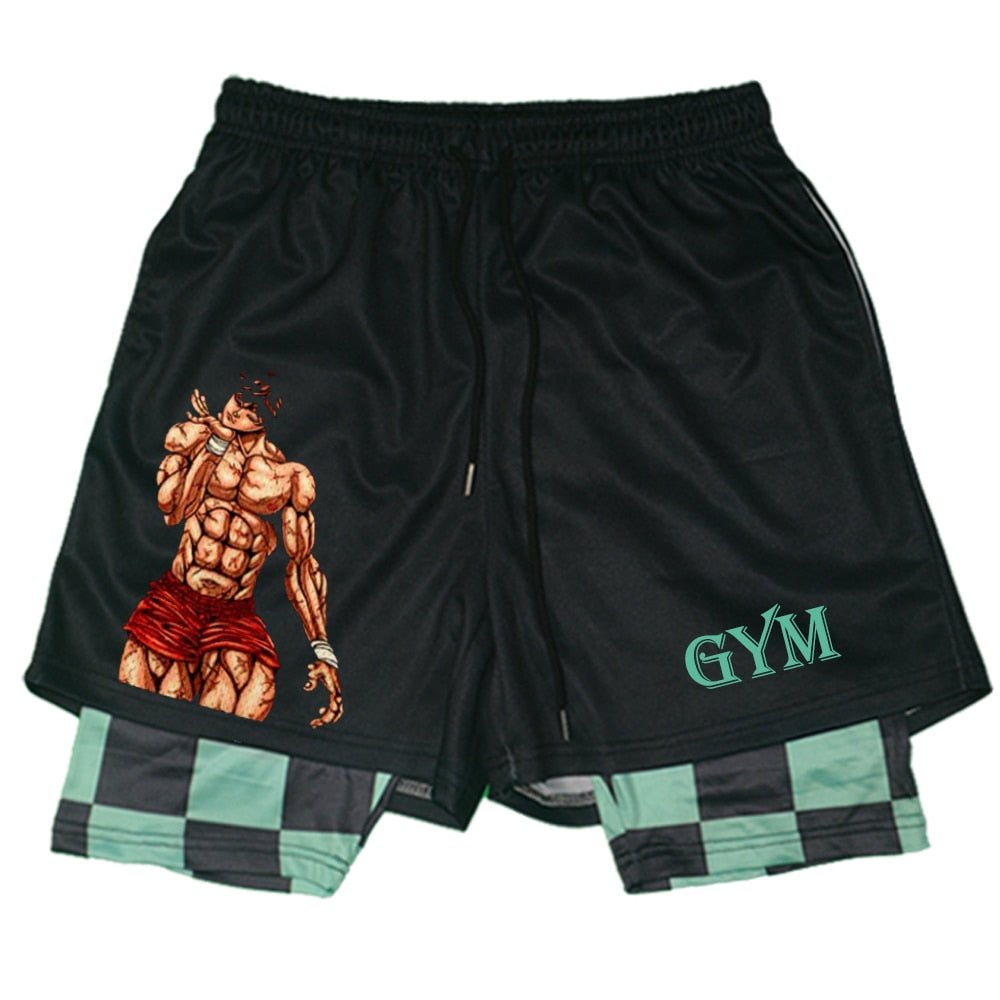 Hanma Baki Anime Gym Shorts Black for Men 2 In1 Mesh Quick Dry Board Shorts Mens Bodybuilding Fitness Running Short Pants Summer - Yallafit