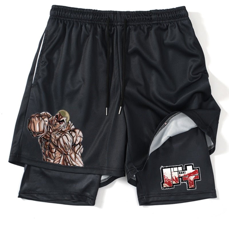 Hanma Baki Anime Gym Shorts Black for Men 2 In1 Mesh Quick Dry Board Shorts Mens Bodybuilding Fitness Running Short Pants Summer - Yallafit