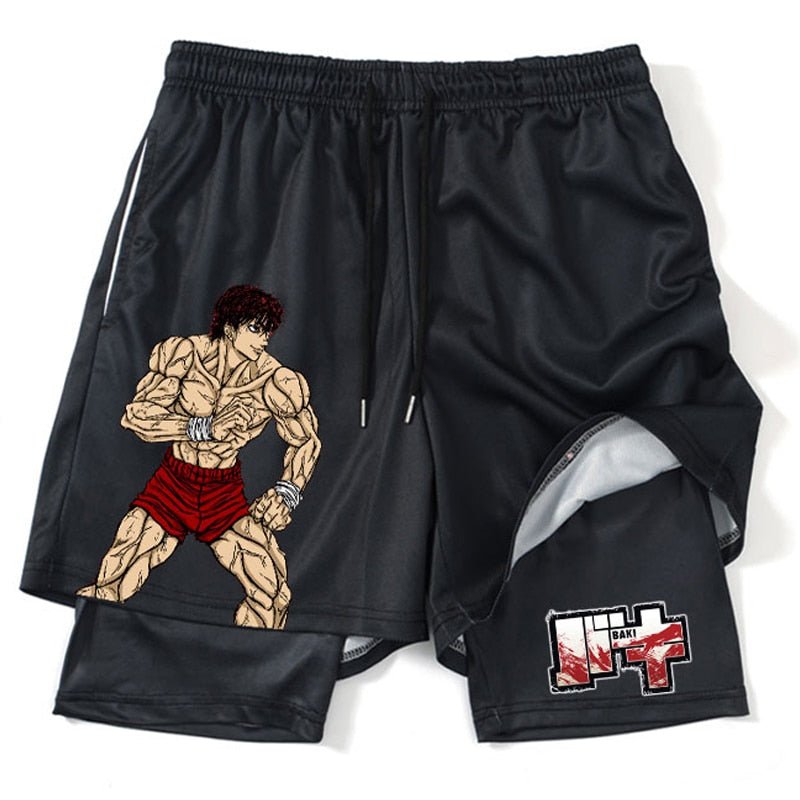 Hanma Baki Anime Gym Shorts Black for Men 2 In1 Mesh Quick Dry Board Shorts Mens Bodybuilding Fitness Running Short Pants Summer - Yallafit