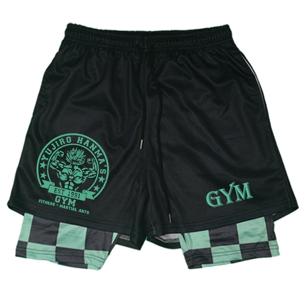 Hanma Baki Anime Gym Shorts Black for Men 2 In1 Mesh Quick Dry Board Shorts Mens Bodybuilding Fitness Running Short Pants Summer - Yallafit