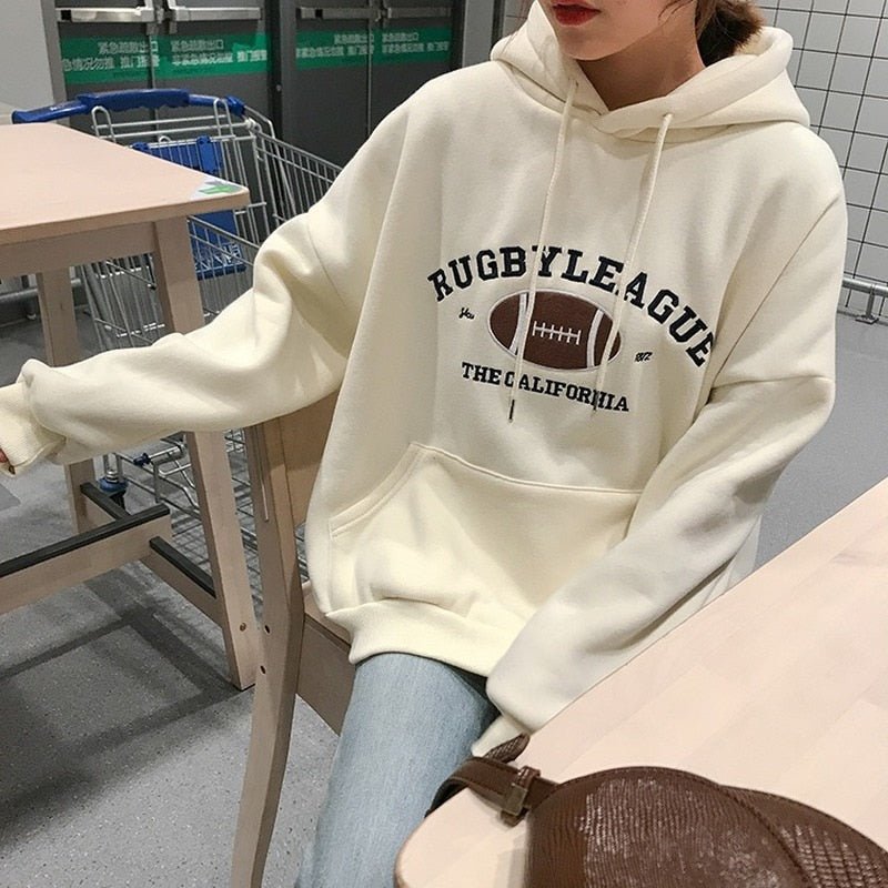 HXJJP Rugby Fleece Women Hoodie Beige Gray Blue Loose Casual Korean Style Sweatshirt Hooded Pull - Yallafit