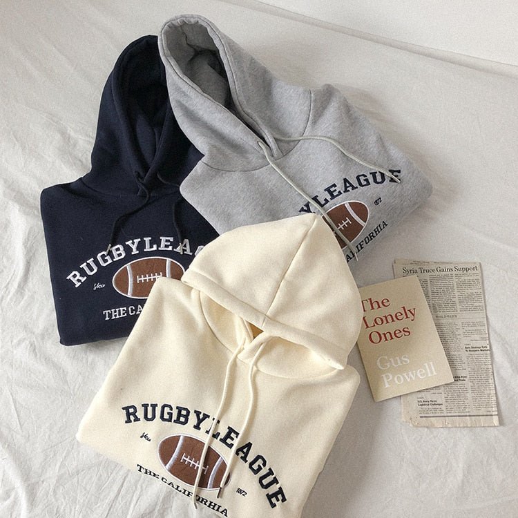 HXJJP Rugby Fleece Women Hoodie Beige Gray Blue Loose Casual Korean Style Sweatshirt Hooded Pull - Yallafit